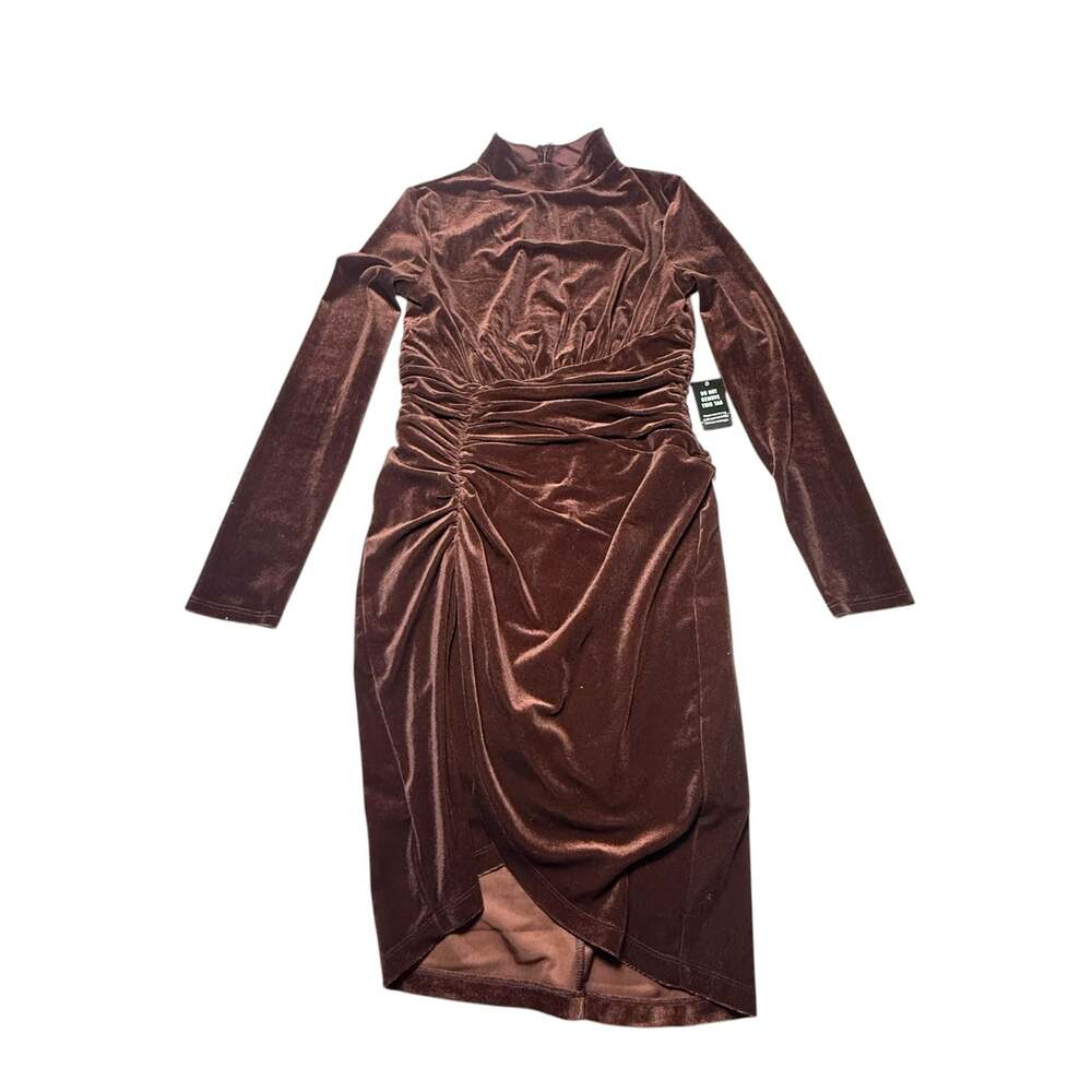 Express Chocolate Brown Velvet Ruched Long Sleeve Dress